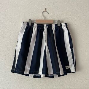 Bather men’s blue black white retro style striped swim trunks mesh lined, size M